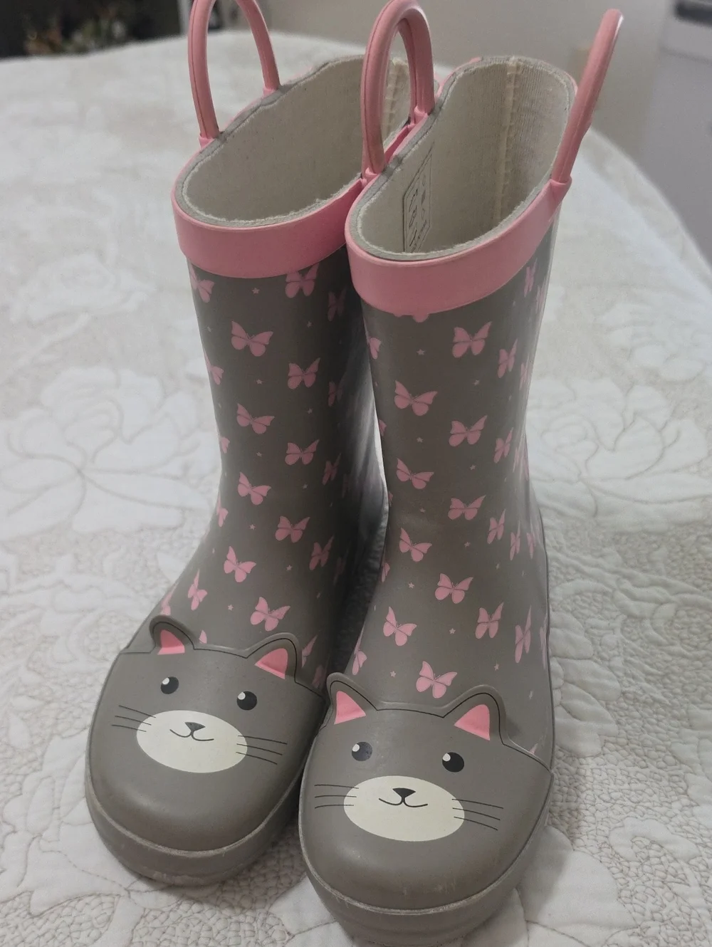 Gray & Pink Cat Rain Boots with Butterfly Print
